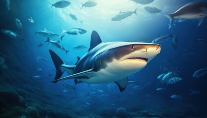 Fototapeta premium The great White Shark in the ocean, portrait of White shark hunting prey in the underwater