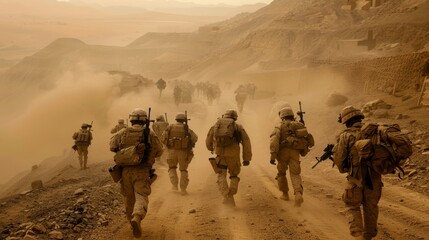 Group of military soldiers moving forward through the sandy terrain of mountainous region