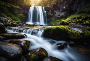 illustration, spectacular long exposure waterfall capturing flowing cascades motion, nature, landscape, scenic, slow, shutter, blurred, stream, river