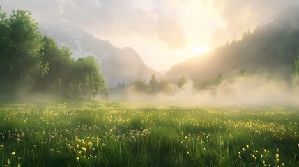 A tranquil meadow bathed in the soft light of dawn, with mist rising from the ground - Powered by Adobe