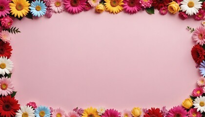 Fototapeta premium Open space bordered with different colored flowers to insert text for festive occasions