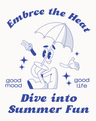 Retro cartoon walking smiled summer vintage groovy characters poster set. Sun, Ice cream, cocktail, watermelon, lifebuoy. Retro character, hippie 70s style. Vector illustration isolated on background