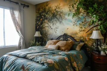 Artistic Bedroom wall decorated. Designer room with crumpled bed and interesting photos. Generate AI