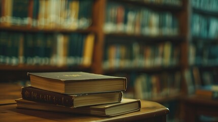 Fototapeta premium A stack of books rests on a wooden desk in a library room, creating a focal point against a backdrop of a blurred bookshelf