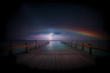 Beautiful exotic nature, wooden pier on clear turquoise water, colorful rainbow, luxury beach...