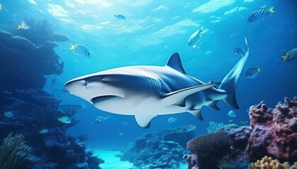 The great White Shark in the ocean, portrait of White shark hunting prey in the underwater