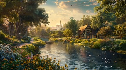 Fototapeta premium River Flowing through a Village: A gentle river flows through the heart of a village, its banks lined with trees and wildflowers, while ducks glide along its calm waters 