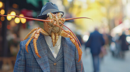Chic lobster saunters through city streets, donned in tailored elegance, epitomizing street style.