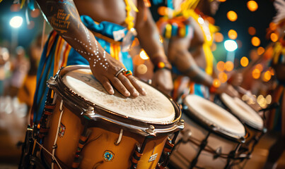 Brazilian Carnival scene, drummers play vibrant samba rhythms. A close-up photo captures a man's palm on the drum's edge. Evokes the lively spirit of Carnival in hot Rio - Powered by Adobe