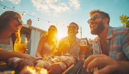 Young people having fun while they grilling meat and drinking beer on the house backyard at the sunny evening. They are talking, joking and relaxing after hard working days
