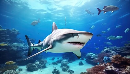 Fototapeta premium The great White Shark in the ocean, portrait of White shark hunting prey in the underwater