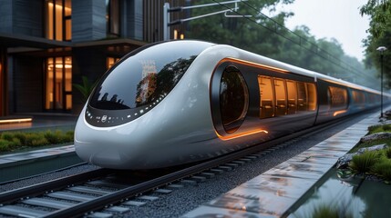 Naklejka premium A state-of-the-art train captured at twilight, reflecting the ambient light of the environment