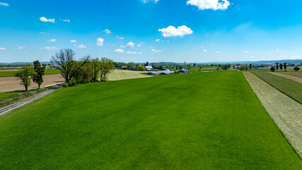 Lush Farmland Aerial View with Clear Blue Sky
