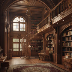 Elegant vintage library interior with staircase
