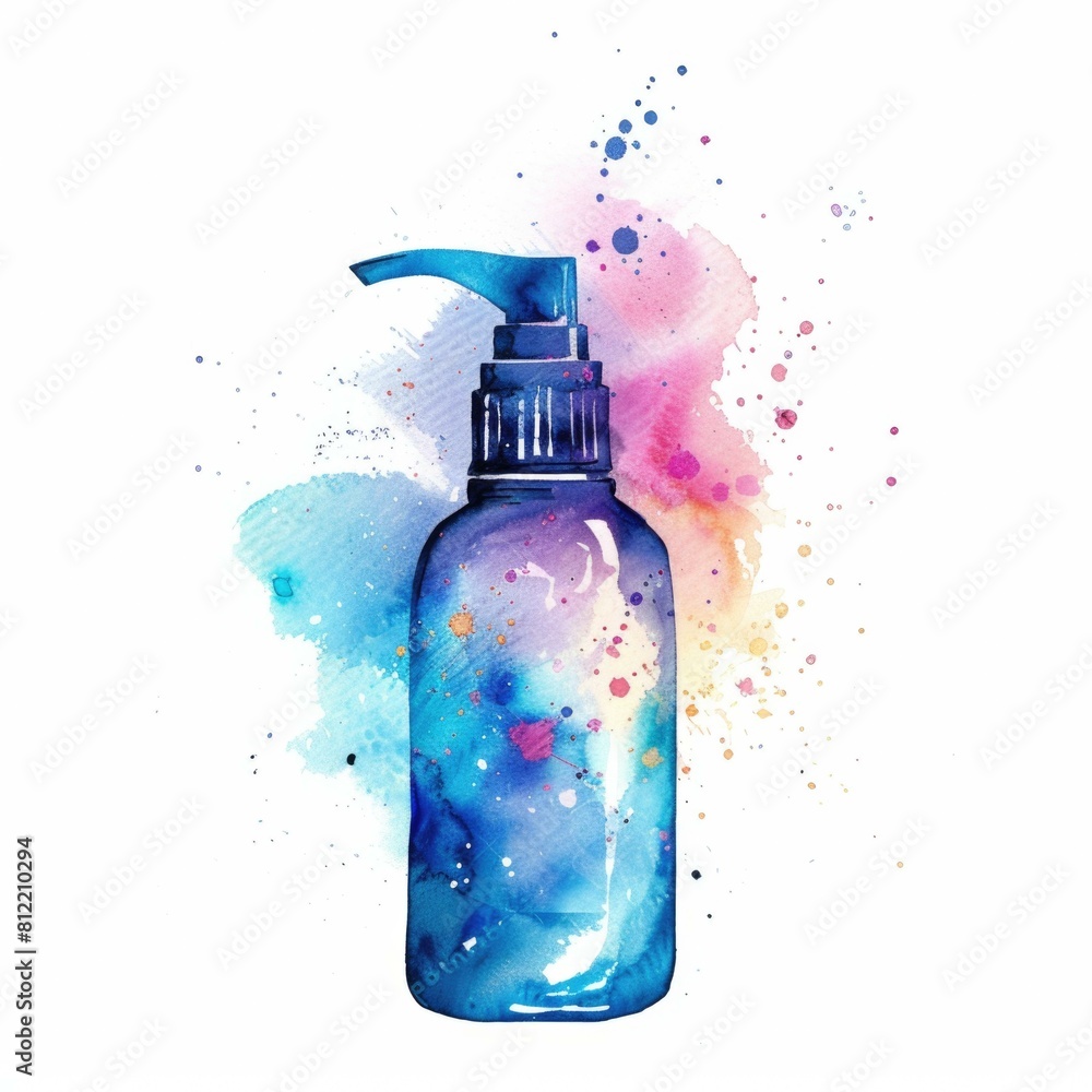 Poster Watercolor bottle with liquid soap and paint splatters. Generative AI.