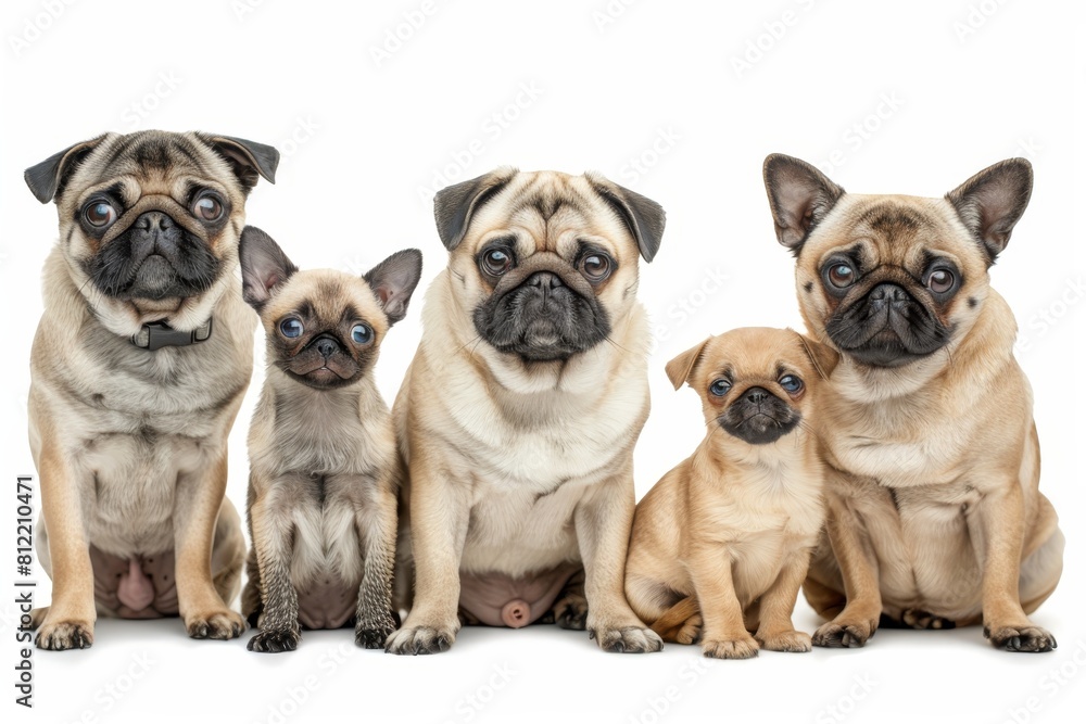 Poster diverse cats and dogs together in studio setting on white background with space for text