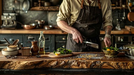 Rustic culinary preparation on wooden table for festive holiday cooking