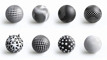 Dotted halftone 3D sphere. Striped and checkered spheres with triangle, hexagon and circle particles, halftone balls. Halftone gradient texture on globe vector orb set 3D avatars set vector icon, whit