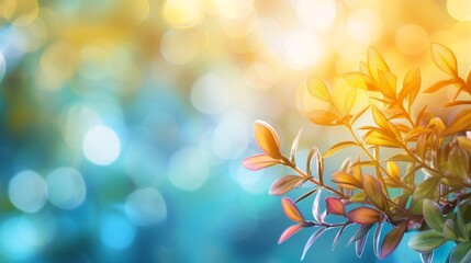 Blurred spring meadow with sunny gradient, defocused bokeh on blue sky and green grass background