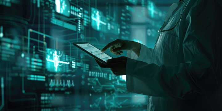 Professional doctor analyzing patient symptom while looking at hologram displayed on computer. Photography of scientist using AI diagnosis and planning treatment method. Healthcare concept. AIG42.