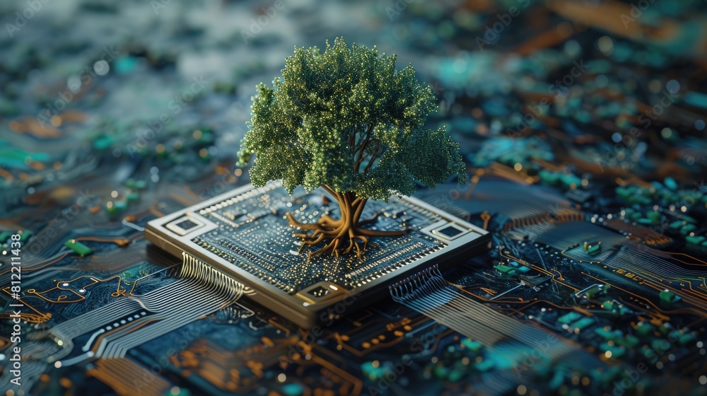 Aufkleber the bottom angle view of the growing green tree on the cpu on the land of the greenish mainboard and
