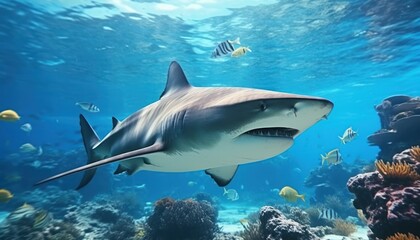 Fototapeta premium The great White Shark in the ocean, portrait of White shark hunting prey in the underwater