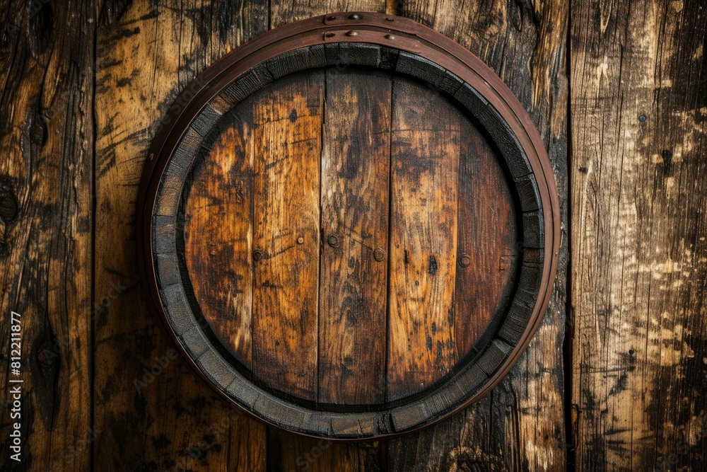 Poster Rustic Beer wood barrel cask. Cork alcohol. Generate Ai