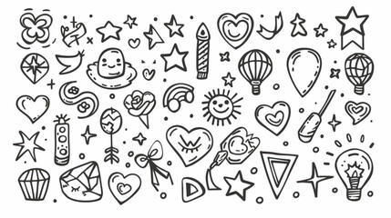 Sketch pen design elements. Doodle simple brush stickers. Hand drawn speech bubble, decorative signs, emotion effects icon. Stars, arrow, sparkle, line shape. Vector set 3D avatars set vector icon, wh