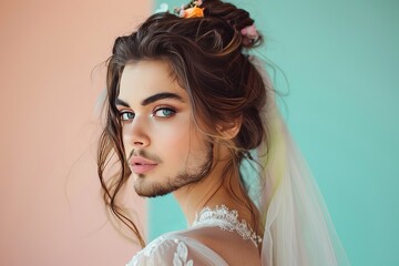 portrait of a androgynous male model in a elegant dress, gender queer , feminine, with pastel background
