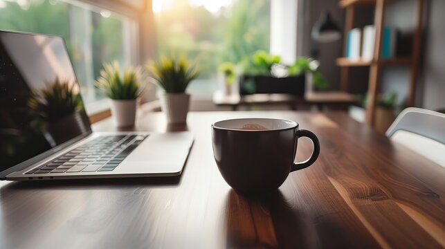 the image depicts an office desk with a laptop and a coffee cup, suggesting a typical work setup