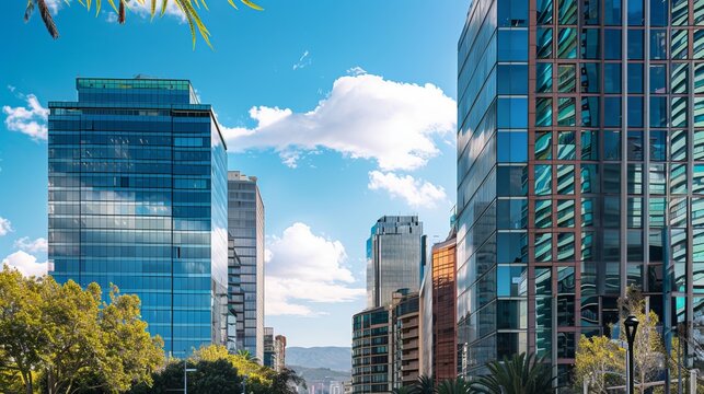 The image depicts modern office buildings situated in the Providencia district of Santiago de Chile.