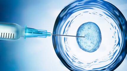 ilustration of a syringe piercing an egg during the in vitro fertilization process - fertility and in vitro fertilization concept - obrazy, fototapety, plakaty