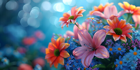 A vibrant bouquet of spring flowers, minimalist vivid background, Bouquet of colorful flowers on a blue background.