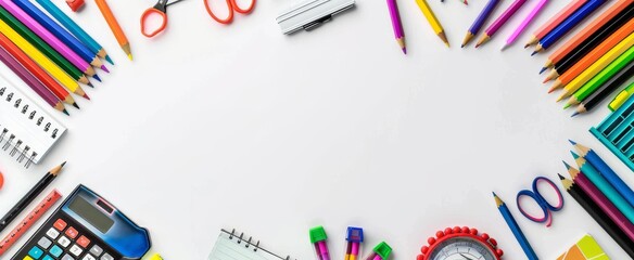 Colorful school supplies on a white background ready for a creative project