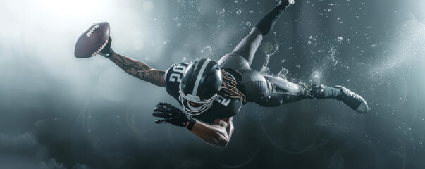 Dramatic capture of an American football player diving for the ball in mid-air
