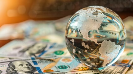 A transparent crystal globe on many paper money currency for global economic concept. Generated AI