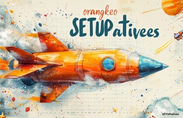 Colorful retro rocket on a graph paper background with vibrant artistic splashes