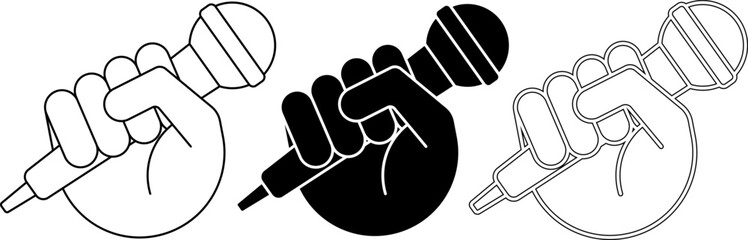 outline silhouette Hand holding microphone icon set