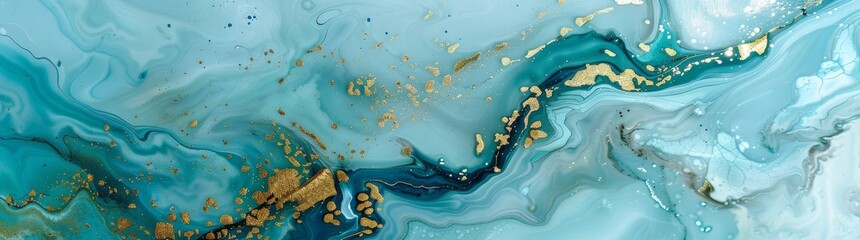 Luxurious abstract background with a flowing mix of turquoise and gold resembling marble or aerial sea with glints of sunlight reflecting. Ideal for elegant wallpaper or sophisticated backdrop designs