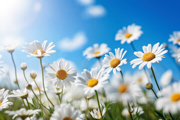 White daisies on blue sky background. Chamomile field