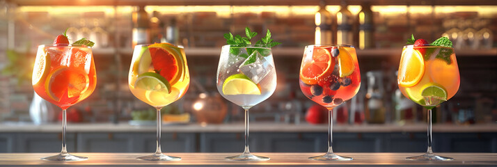 Three assorted refreshing fruit cocktails,Assortment of various colorful drinks in a round glassware on a bar Generative AI,Experience the magic of cocktails AI Generation

