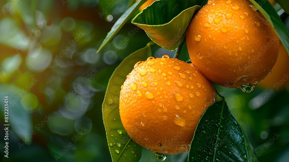 Poster Fresh dew-kissed oranges hanging on a tree, vibrant colors. Nature's bounty captured in sunlight, perfect for healthy lifestyle themes. AI