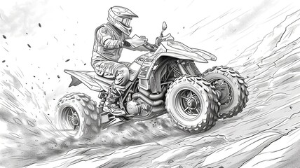 A simple outline drawing of a cartoon quad bike with chunky tires, featuring a cheerful rider exploring a rugged trail, perfect for coloring by young children.