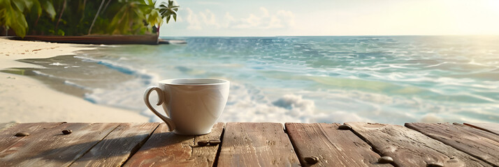 A hot coffee on the table on a natural background,Serenity in a Cup Embracing Nature's Beauty with a Hot Drink,A mug with coffee on a table on a tropical island against the backdrop of ocean waves 
