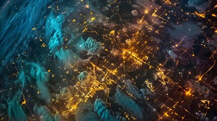 Discover the intricate patterns of human habitation as seen from above, with city lights painting a vibrant tapestry on Earth's surface