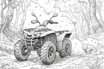 A simple outline drawing of a cartoon quad bike with chunky tires, featuring a cheerful rider exploring a rugged trail, perfect for coloring by young children.