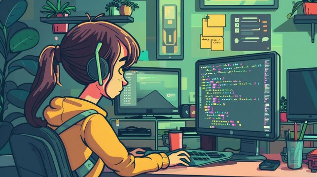 Software development flat design front view coding theme cartoon drawing vivid