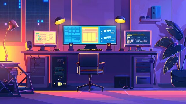 Software development flat design front view coding theme cartoon drawing vivid