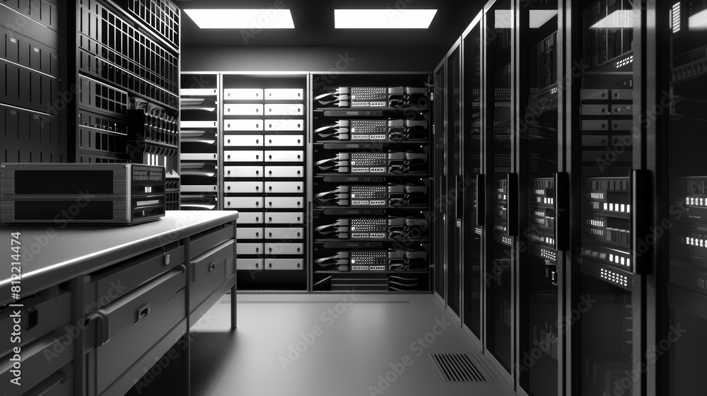 Aufkleber server maintenance flat design front view hardware setup theme 3d render black and white