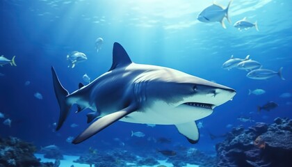 Fototapeta premium The great White Shark in the ocean, portrait of White shark hunting prey in the underwater